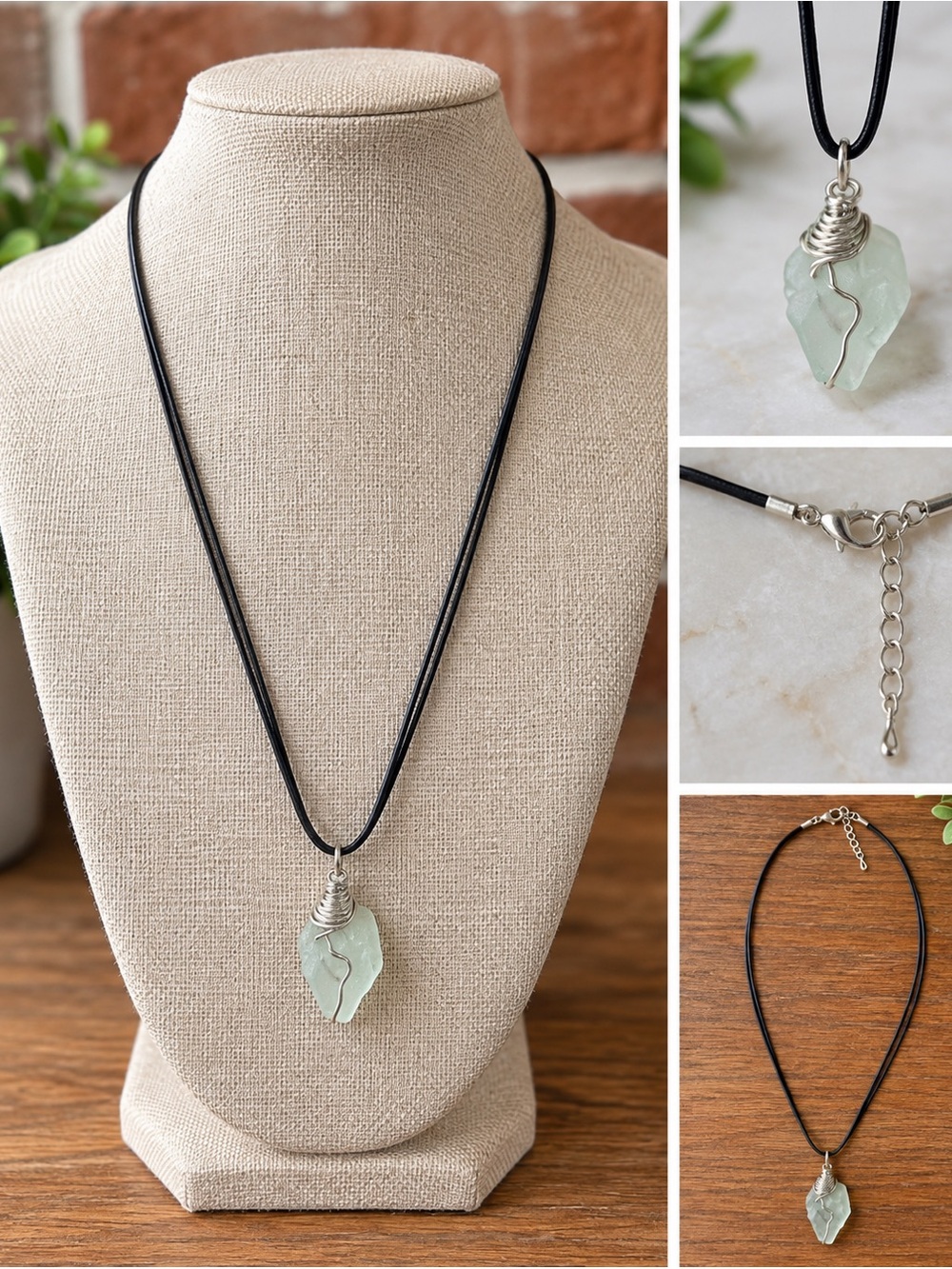 Wire Wrapped Clear Crystal Stone Pendant Black Cord Necklace Boho Artisan